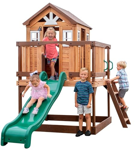 Backyard Discovery Echo Heights Casetta per bambini in legno con scivolo verde, cucina gioco, sabbiera e veranda | Casa da gioco per giardino/all'aperto in marrone | Casetta in Legno per Bambini