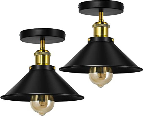 Vintage Ceiling Lights for Living Room Black Metal Industrial Ceiling Light Fixture E27 for Kitchen Bedroom, 2 Pack