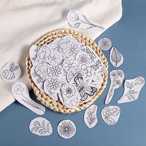 TOYMIS 79 Pièces de Water Soluble Stabilizer, avec Stabilisateur Soluble Dans l'Eau Graphique de Feuilles d'Oiseau arc en Ciel de Papillon d'Herbe Pré-Imprimé pour la Couture à la Main de Broderie