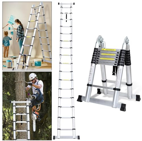 Cecaylie Aluminium teleskopstege 5 m, 2,5 m + 2,5 m hopfällbar stående stege glidstege, multifunktionsstege, stabil stege, aluminiumstege, aluminiumstege, upp till 150 kg (silver)
