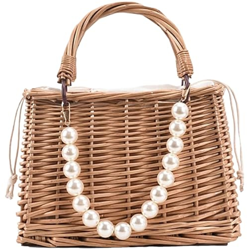 Obelunrp Korgväska, 23 cm vävd flätad väska med tygfoder och pärlhandtag, rustik dragskostängning korgväska, vintage strandväska för sommar strand resor, stil2, 9.1inch