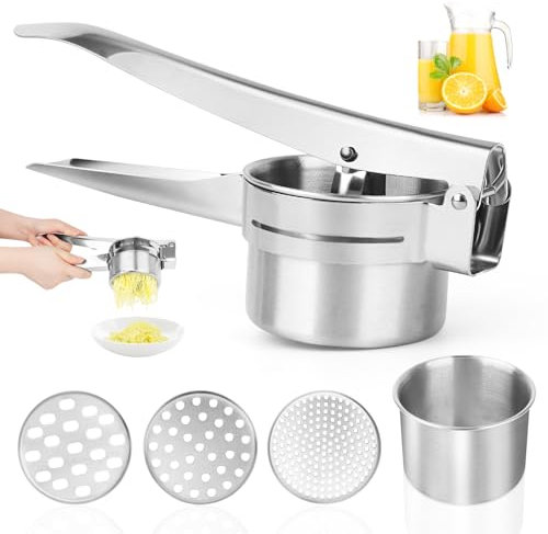 Schiacciapatate Acciaio Inox, Purè di Verdure Schiacciapatate, Pressa Manuale per Patate in Acciaio Inox, con 3 Setacci Intercambiabili, per Patata Verdura Frutta