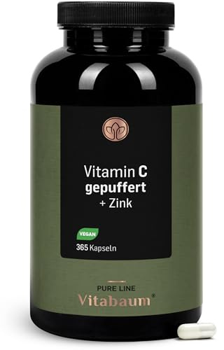 Vitabaum® Vitamin C gepuffert + Zink - Hochdosiert mit 1000mg pro Tag - hochwertiges Calcium-Ascorbat -Magenfreundlich, pH-neutral - 6 Monats Vorrat - 365 Kapseln - Vegan