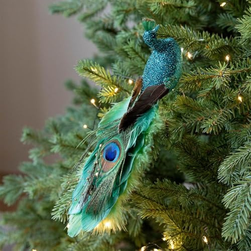 Christmas Peacock Ornament Christmas Tree Topper Ornaments Long Tail Feather Peacock Xmas Decorations Glitter Peacock Bird Clip On Ornament for Holiday Home Xmas Tree Decor