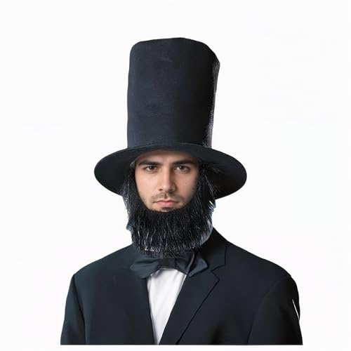FakeFace Abraham Lincolns Kostüm Set – historisches Personenzubehör mit faltbarem hohen schwarzen Hut Zylinderhut, Bart und verstellbarer Fliege, ideal für Halloween, Karneval und Präsidententag