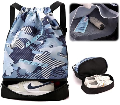 Bolsa de Cuerdas para Gimnasio 40×38cm Mochila Cuerdas Nylon Impermeable Mochila Playa Mochila Hombre Deporte Gym Bag Mochila Natacion con Compartimento Zapatillas para Ropa Champú Toalla Snack