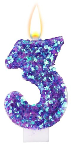 Cumpleaños Velas con Números Morados, Velas de Cumpleaños Números Morados con Purpurina Decoraciones Románticas Brillantes para Pasteles Artículos para Aniversarios y Bodas (3)