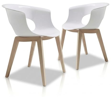 BERARDI Set 2 sedie Natural Wood Chair, Sedia Design con Scocca in Policarbonato, Struttura in Legno Massello, 77x58x60 cm, per Sala da Pranzo e Uffici (Bianco)
