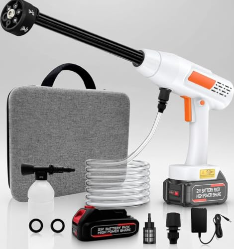 Idropulitrice Portatile a Batteria con Batterie, Ugello 6-in-1 e Collegamento al Rubinetto, Tubo da 5M, Serbatoio in Schiuma, Max. Pressione 30 BAR per la Pulizia di Auto, Giardino