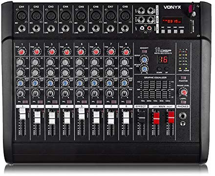 Vonyx AM8A 8 Channel Powered PA Mixer Amp with DSP, Bluetooth, USB MP3 Player, Phantom Power, 2x500W Audio Mixer System for DJ, Stage and Live Sound