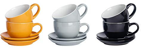 Argon Tableware 12 Piece Coloured Cappuccino Cup & Saucer Set - Modern Stoneware Tea & Coffee Cups - 250ml - Scandi