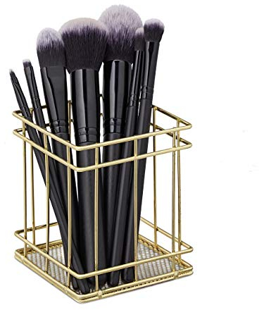 Relaxdays Stiftehalter eckig, modern, Pinselhalter Kosmetik, Draht, Stiftebecher Schreibtisch, HBT: 10 x 9 x 9 cm, Gold
