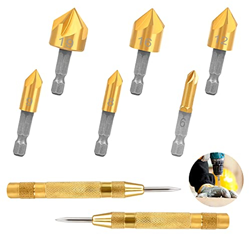 90° Kegelsenker Satz 6 Stück 6/8/9/12/16/19mm HSS Senker Bohrer Titan Beschichtungen Senkbohrer Sechskant Kegelsenker mit Automatische Center Bohrer Punch 2 Stück für Metall Holz Kunststoff