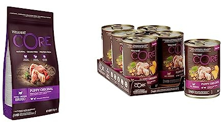 Wellness CORE Puppy Original, Croquettes Chiot sans Cereales, 1,5 kg & Puppy Original, Nourriture Humide Chiot, Pâtée pour Chiens sans Céréales, à Haute Teneur en Viande, Poulet & Dinde, 6 x 400 g