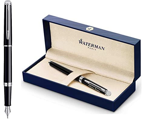 Waterman Hémisphère Engraved Fountain Pen | Gift for Men and Woman | Inspired by Parisian Fashion | Personalised | Engraved | Blue Ink | Medium Nib (Lacquer Black C.C.)