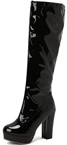 CuteFlats Botas altas hasta la rodilla para mujer con tacón de bloque superalto y punta redonda, Negro , 38 EU