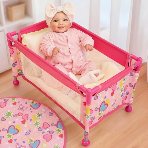 BABESIDE Baby Doll Crib for 18 Reborn Dolls,Baby Doll Bed with Storage Bag, Reborn Babydolls Accessories for Age 3+,Doll Crib Playpen for Kids Age 3+,Pink
