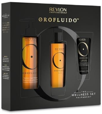REVLON PROFESSIONAL OROFLUIDO HAIR & BODY WELLNESS SET, Precious Argan Oil Elixir (100 ml), Radiance Argan Shampoo (240 ml) & Moisturizing Body Cream (50 ml), Geschenkset mit Argan-Öl, vegan