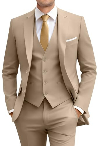 Men's Suit Slim Fit, 3 Piece Champagne Suits for Men, Solid Jacket Vest Pants with Tie, Prom Homecoming Wedding Tuxedo Set XL