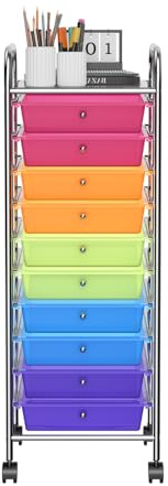 OFFICEJOY Storage Cart, Rolling Utility Cart with 10 Drawers, Portable Handles & Lockable Wheels, Mobile Paper Toys Storage Organizer Large Capacity for Home Office School Teacher (Rainbow)