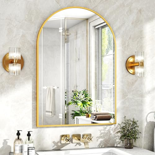 XRAMFY 24x36 Gold Arched Bathroom Mirror - Wall Mirror for Bathroom, Metal Frame Vanity Mirror, Dresser Mirror, Arch Decorative Mirrors for Living Room, Bedroom, Entryway, Mantle