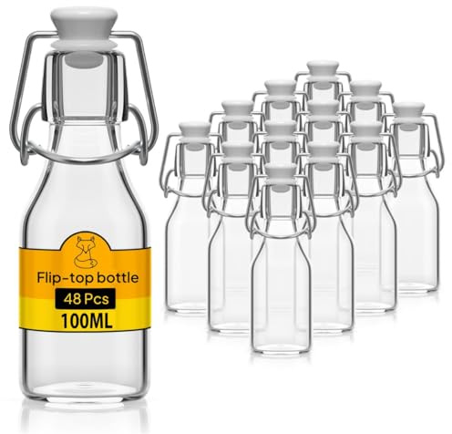 Flaschen-Fuchs Set di 48 Bottiglie in Vetro da 100ml con Chiusura Ermetica - Bottiglia per Olio, Vino, Liquori, Acqua, Birra, Succhi di Frutta, Conserve e Latte - Bottigliette di Vetro piccole