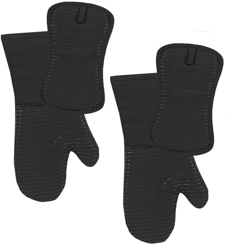 All-Clad Gant de cuisine en silicone de qualité supérieure : résistant à la chaleur jusqu'à 500 degrés – 100 % coton et silicone, manique pour cuisine et barbecue, 35,6 x 17,8 cm, noir