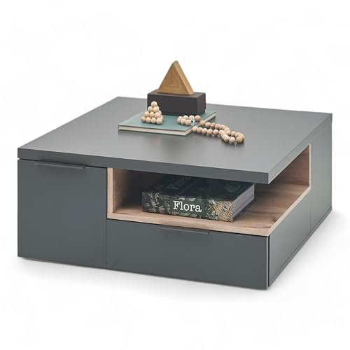 Stella Trading ENNA Couchtisch in Dunkelgrau, Rima Eiche Optik - Moderner Sofatisch mit Schubladen für Ihr Wohnzimmer - 80 x 35 x 80 cm (B/H/T)