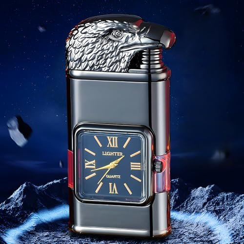 Accendino Antivento con Lunetta Orologio Vintage Bordo Nero Torcia a Fiamma a Getto, Accendino Antico per Esterni Campeggio Regali Uomo (Aquila Nera)