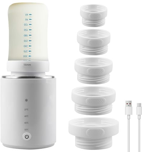 Flaschenwärmer Baby, FläSchchenwärmer mit 5 Adapters, 4 Temperatur-Einstellungen, Elektrischer Flaschenwärmer USB Wiederaufladbar, Flaschenwärmer für Unterwegs, Schnelle Erwärmung