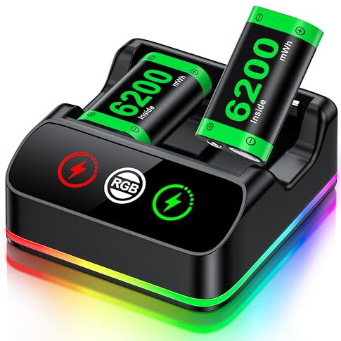 HELLCOOL 2 Stück 6200mWh Akku für Xbox One/Series X&S Controller, Xbox Controller Ladestation mit Cooles RGB Licht/LED Ladeanzeigen, Akku Kompatibel mit Xbox Series X/S, Xbox One S/X/Elite Controller