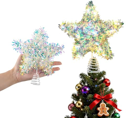 LAWOHO Christmas Tree Topper Tinsel Star, Exquisite Christmas Decor, Mini Shiny Iridescent 6 Inch Christmas Tree Decoration with 6H Timer, 10 Warm Lights for Xmas Tree, Holiday & Party, Indoor Home