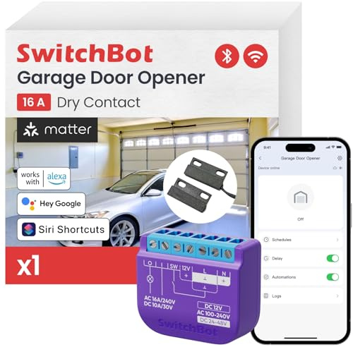 SwitchBot Smart Wi-Fi Ouvre-porte de garage certifié Matter, contrôle par application, Alexa/Google/Siri/IFTTT/SmartThings pris en charge, plusieurs modes de notification, aucun hub nécessaire