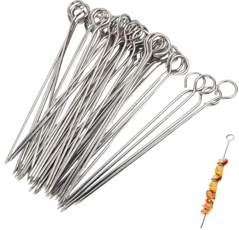 AEKZOX Set de 30 brochetas reutilizables de acero inoxidable, resistentes y anticorrosión, ideales para mariscos y verduras (15 cm) (color plateado)