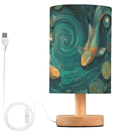 Sgojhrv Small Table Lamp Teal Koi Fish Pond Girls Boys Bedroom Bedside Lamp LED with Fabric Lampshade USB Ports Wood Base for Living Room, Desk, Dorm, Home Office