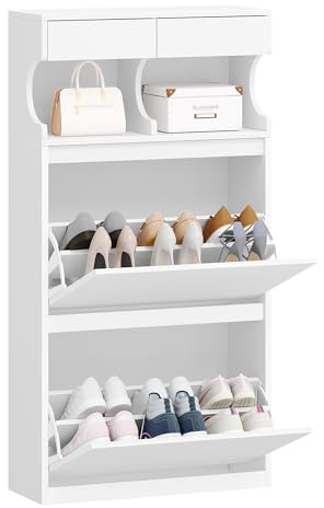 Hzuaneri Wooden Shoe Cabinet, 2 Flip Drawer, Slim Shoes Rack Cabinet, White