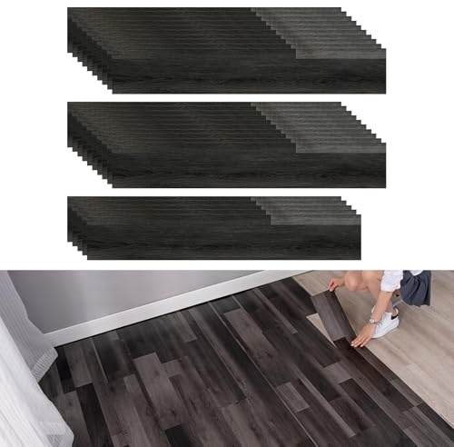 Golvbeläggning av vinyl, Peel and Stick-golvbrädor, PVC-golvbeläggning, hållbara träkorn för sovrum, kök, vardagsrum, tjocklek 1,5 mm – 1,64 m²/25 golvbrädor (svart träkorn)