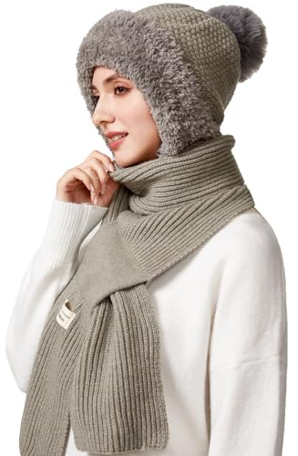 TAGVO Winter Slouch Knit Hat & Scarf Women, Multifunction Thermal Elastic Wooly Snood Hood Beanie Hat in Soft Fleece with Hairball, 2 in 1 Windproof Full Face Mask Neck Warmer Protection For Ladies