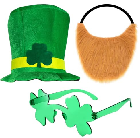 2 set di accessori per costume per festa di San Patrizio, costume da leprechaun, accessori per il giorno di San Patrizio, costume irlandese, cappello da leprechaun, cappello a cilindro con barba, per
