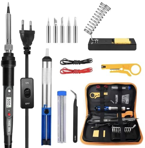 Lötkolben Set 80W LCD Einstellbar Temperatur 180-520°C Lötkolben mit Schalter, 15s Schnelles Aufheizen, 5 Lötspitzen, 50g Lötdraht, Pinzetten, Entlötpumpe, Ständer, Lötset für Elektronik Reparatur