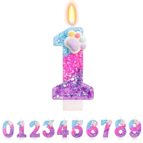 TESGADGETS Velas de Cumpleaños con Patas Adorables – Vela con el Número 1, Decoración de Pasteles con Patas de Gato y Perro para el 1er Cumpleaños de Niños y Niñas