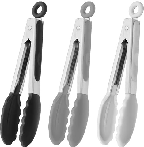 HINMAY Small Silicone Tongs 7-Inch Mini Serving Tongs, Set of 3 (Black Gray White)