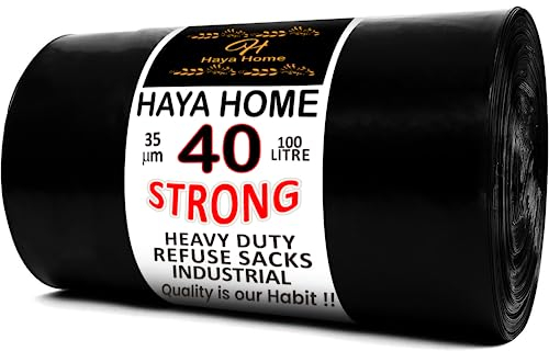 Haya Home 100L 40 Strong Black Plastic Bin Bags Heavy Duty Bin Liners, Refuse Sacks Pack of 40 X 1 Heavy Duty Waste Dustbin Bags roll for Kitchen Home Office DIY Garden 100% Recycled Material