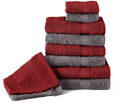 Komfortec 10er Handtücher-Set, 4er Handtuch 50x100 cm, 2X Duschtücher 70x140 cm, 2X Gästehandtücher 30x50 cm und 2X Waschlappen 16x21 cm, 100% Baumwolle, Frottee, Weich, Anhtrazit Grau/Aurorarot