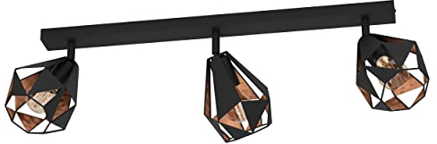 EGLO Deckenlampe Carlton 7, Deckenleuchte mit 3 Spots, Spotbalken Vintage, Industrial, Retro, Wohnzimmerlampe aus Stahl in Schwarz und Kupfer, Lampe Decke mit E27 Fassung