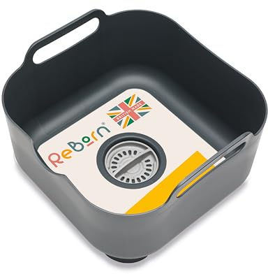 ReBorn - Recycled Washing Up Bowl - Kitchen Dish Wash & Drain - Large Carry Handles - Integrated Plug - Useful Pour Spout - 9 Litres Capacity - Made in Britain (Dark Grey)
