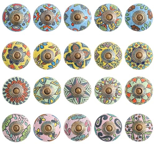 GlobeeCraft Pomos de cerámica para muebles, elegantes pomos pintados a mano de estilo vintage para cajones, armarios y armarios, juego de 20 piezas únicas