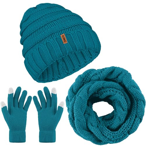 Aneco Winter Warm Knitted Scarf Beanie Hat and Gloves Set Men & Women's Soft Stretch Hat Scarf and Mitten Set, Teal, Medium