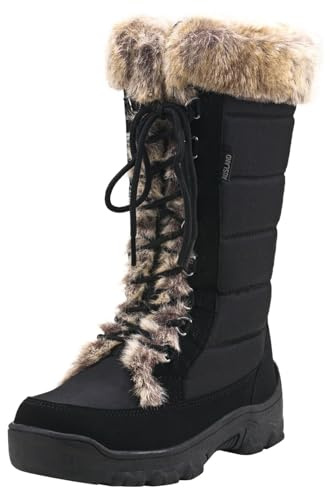 AUSLAND Women's Black Winter Snow Boots Twin Peaks Fur Cuff Mid-Calf Waterproof Lace Up Boots E7623 7US/38EU