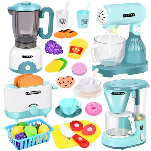 Aragallant Utensilios Cocina Juguete, Accesorios Cocina Juguetes Infantil con Cafetera, Licuadora, Batidora, Tostadora, Comida Juguete Cocinita, Electrodomésticos Juguete Regalo para Niños Niñas 3 4 5